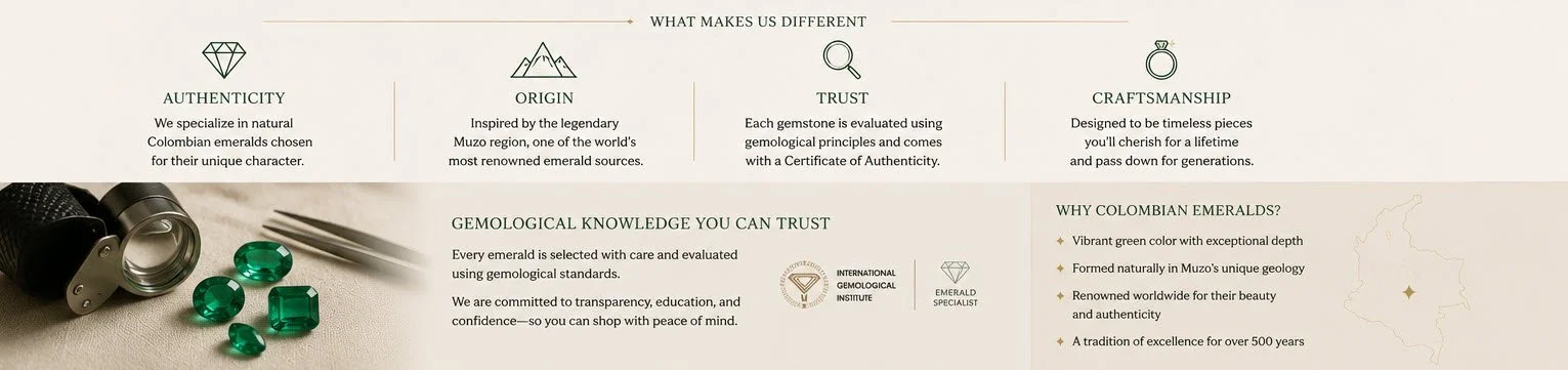 Infographic about Colombian emeralds highlighting authenticity, origin, trust, and craftsmanship, with images of emerald gemstones, a magnifying glass, and jewelry tools.
