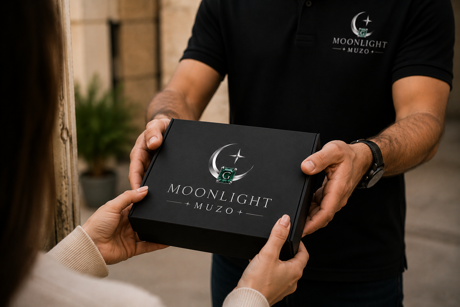 Person in a black shirt handing a black box with the logos 'Moonlight Muzo' and a moon and star design to another person.