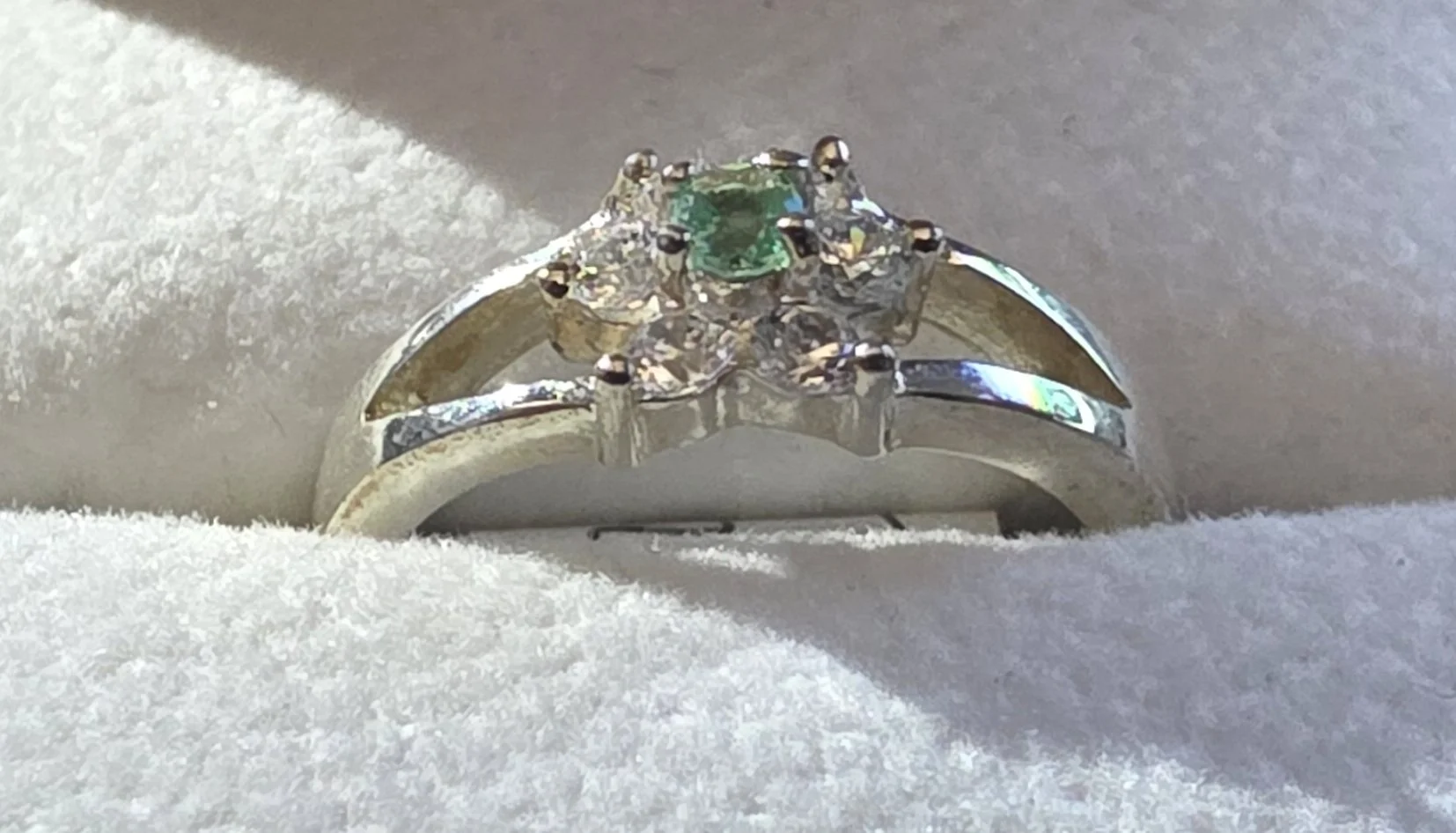 Moonlight Muzo Three Stone Emerald Ring – .925 Sterling Silver (Size 5)