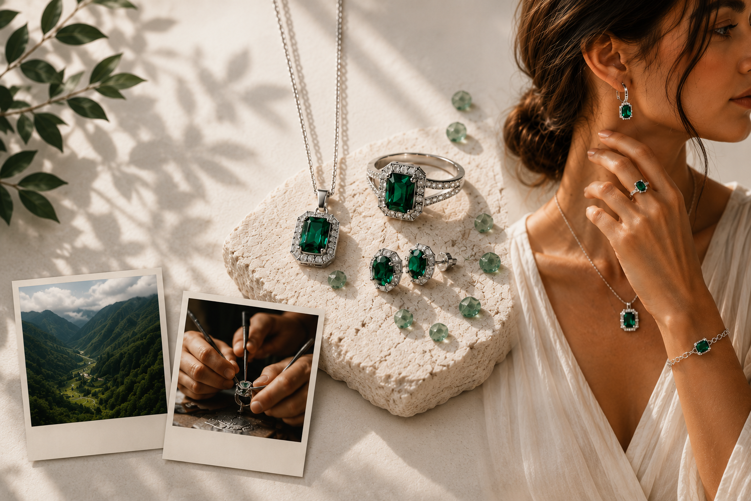 A woman wearing jewelry with green gemstones, including a necklace, earrings, ring, and bracelet, displayed on a textured white surface. There are additional jewelry pieces, including a pendant necklace, ring, and earrings, arranged on the surface. The display is accompanied by two Polaroid photos, one showing a mountain landscape and the other showing a person crafting jewelry.
