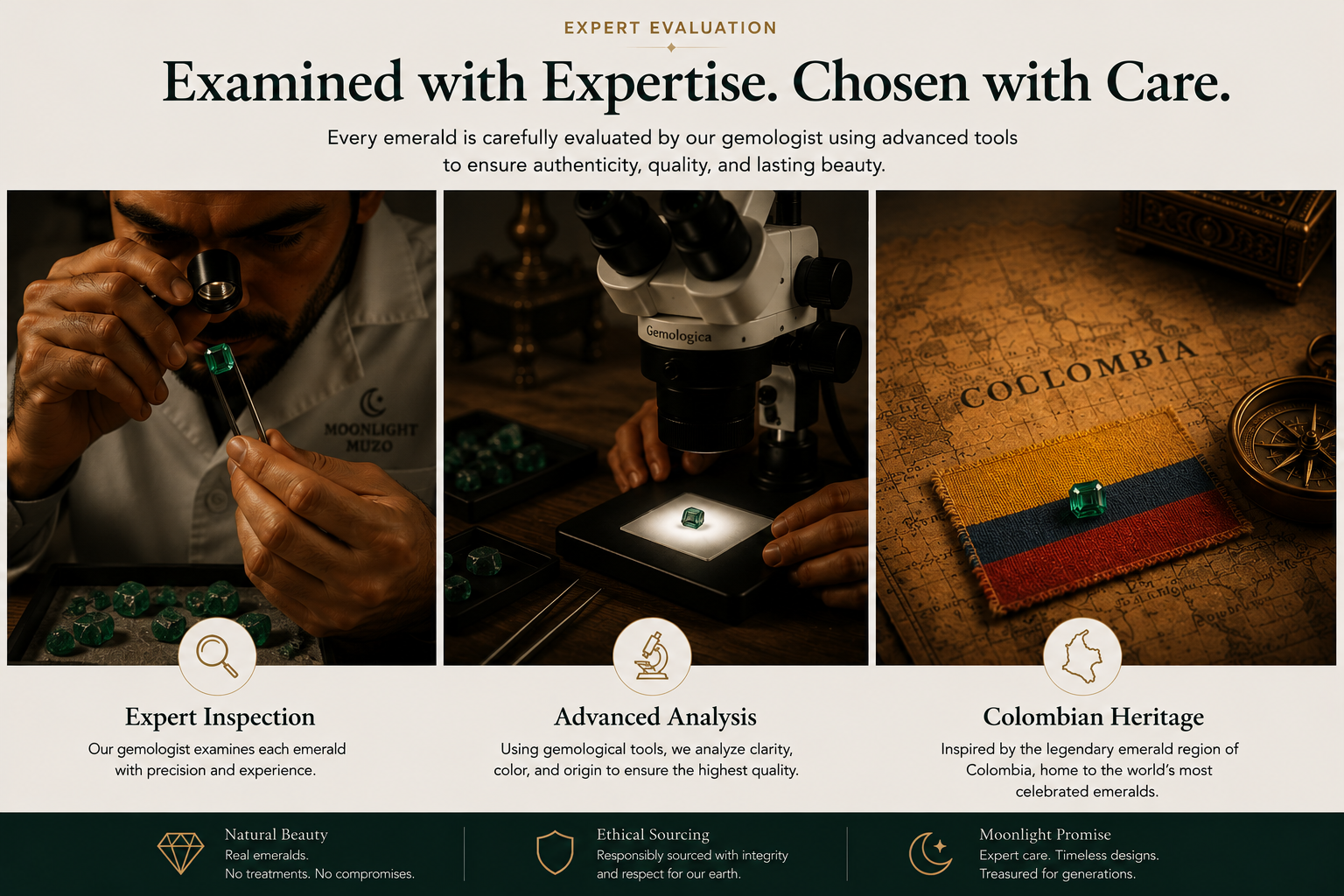 A person examines an emerald gem with a magnifying glass, another person analyzes a gemstone under a microscope, and a Colombian flag with a gemstone on top, representing gemstone evaluation and Colombian heritage.