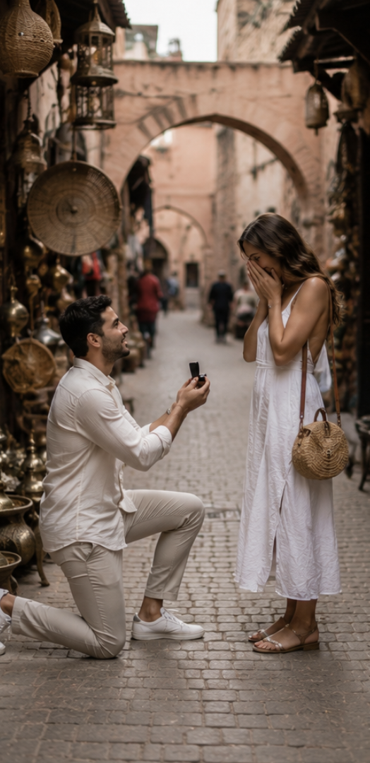 A man proposing to a woman on a cobblestone street in a historic market area, with shops selling baskets and crafts.