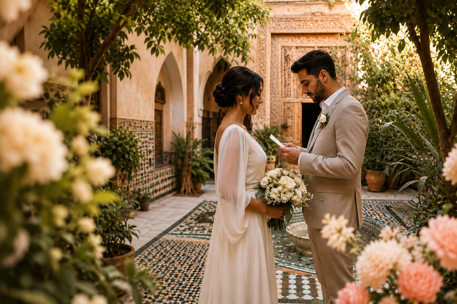 A bride and groom exchanging vows in a beautiful, ornate courtyard surrounded by greenery and flowers during their wedding.