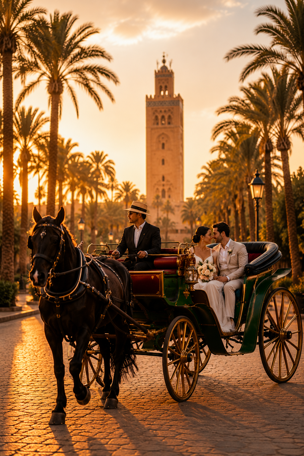 A couple in wedding attire sitting in a green and black horse-drawn carriage during sunset, with palm trees and a tall tower in the background.