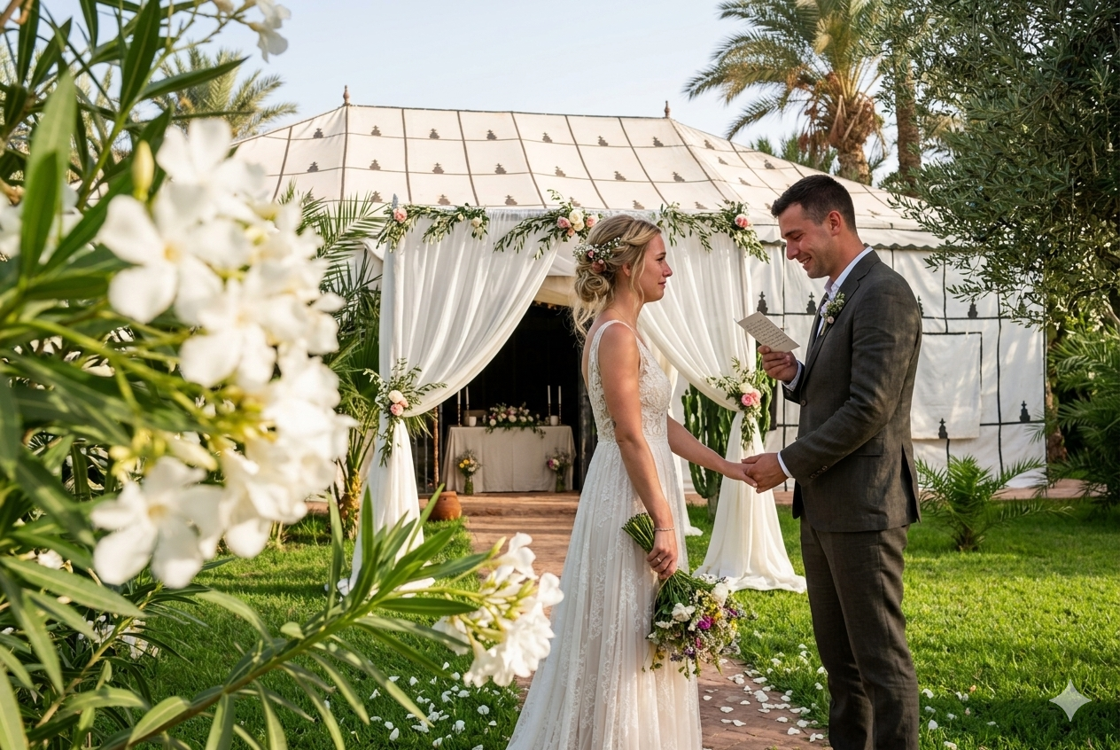A bride and groom exchanging vows during an outdoor wedding ceremony, holding hands and smiling in front of a decorated tent backdrop with floral arrangements, greenery, and palm trees.