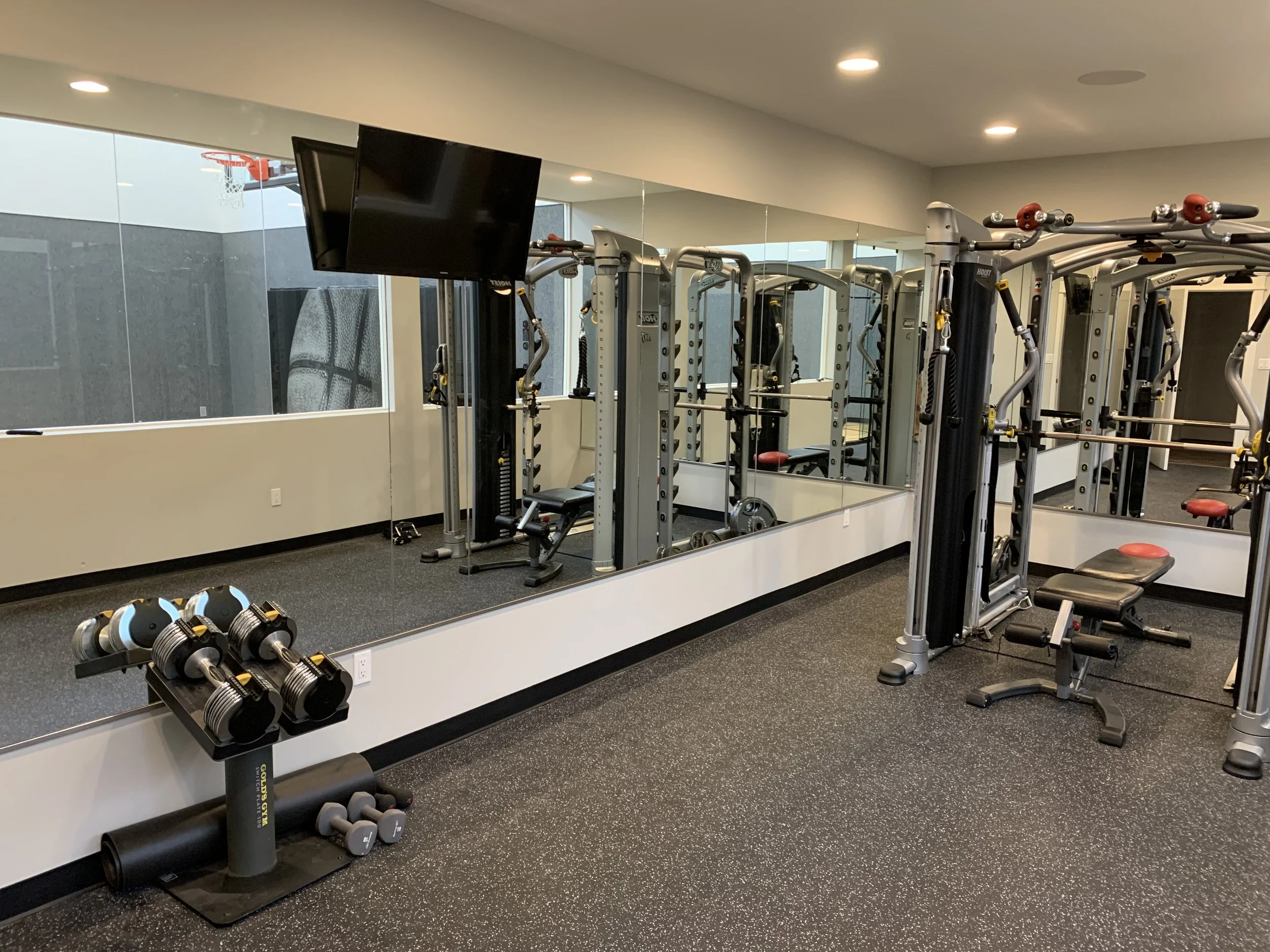 This residential fitness room completed by Booras Builders includes a full-wall mirror, specked rubber gym flooring, and a glass viewing window looking out onto an indoor basketball court, creating a seamless athletic wing for this home in Sand Creek