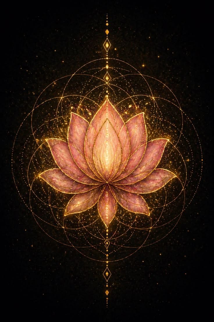 A digital illustration of a glowing, pink lotus flower with intricate gold geometric patterns and gold sparkles on a black background.