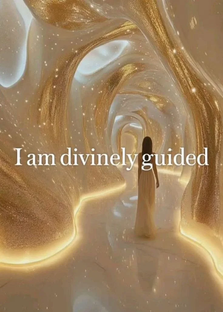 A woman walking through a illuminated, gold-colored tunnel with glowing edges, accompanied by the text "I am divinely guided."