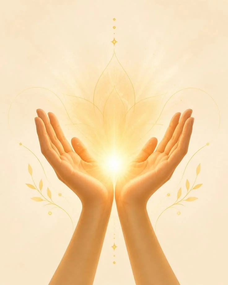 Two hands with palms facing upward, holding a glowing light surrounded by ethereal golden decorative elements on a light background.