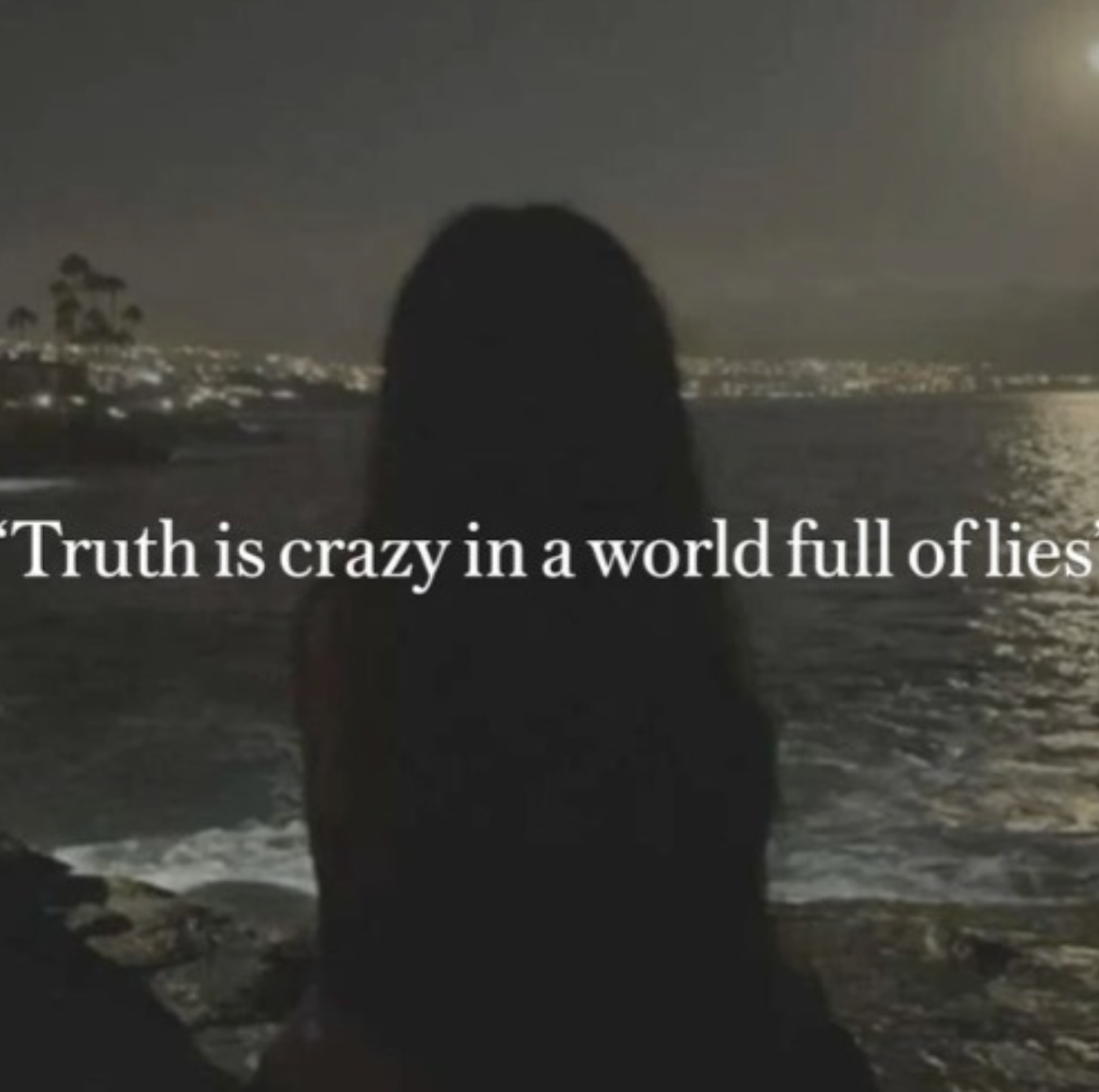 Silhouette of a person standing by the water at night, with a cityscape and reflections on the water in the background, and a quote saying 'Truth is crazy in a world full of lies'.