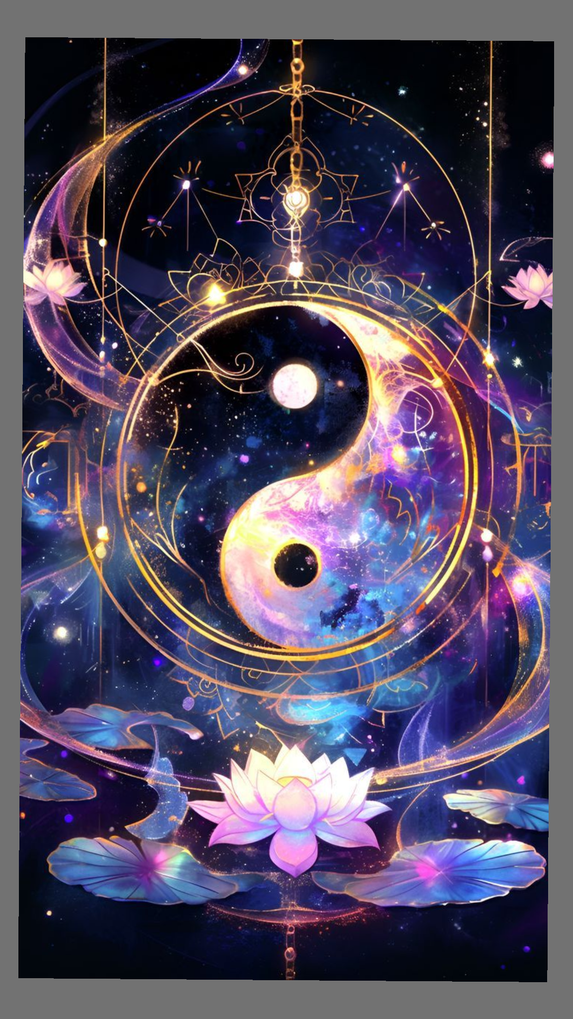 A digital artwork featuring a glowing Yin-Yang symbol with celestial elements, lotus flowers, and intricate geometric patterns against a cosmic background of stars and galaxies.
