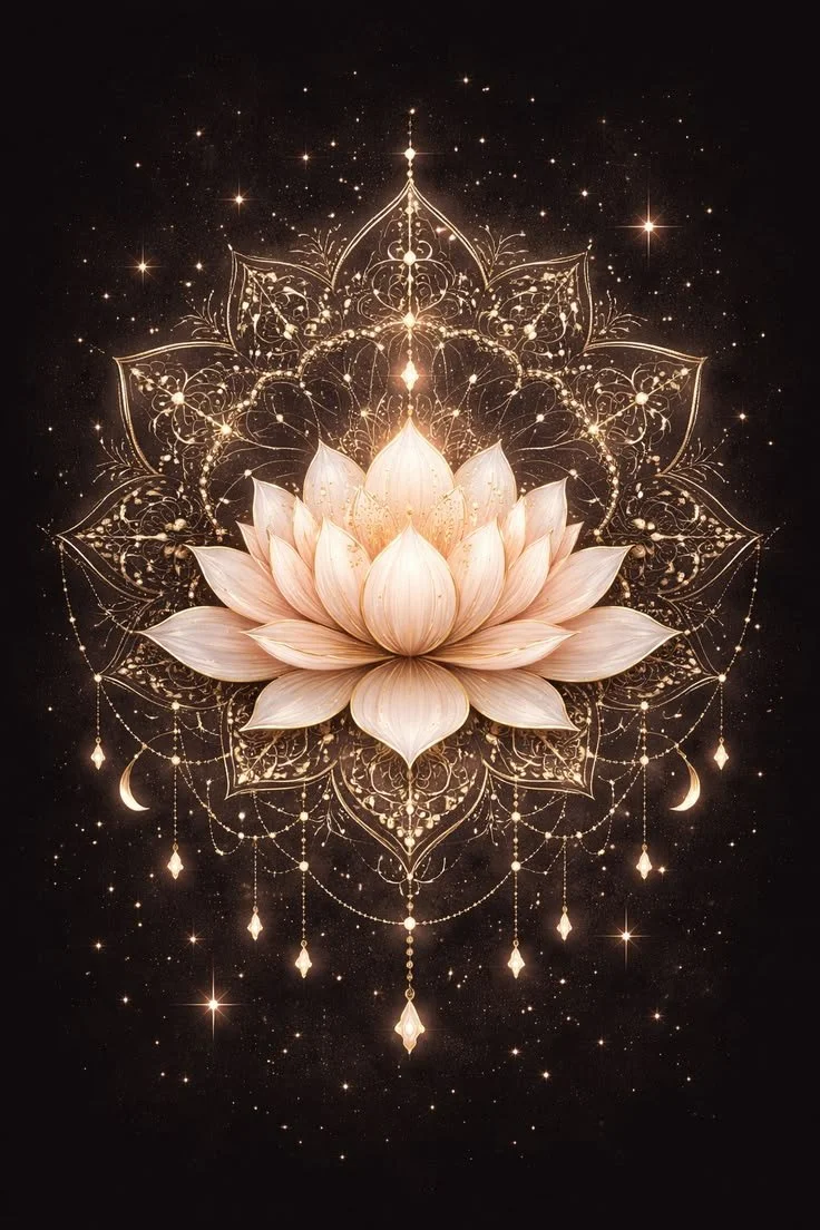 A glowing lotus flower with intricate golden mandala patterns and celestial elements like stars, moons, and hanging diamonds on a dark space background.