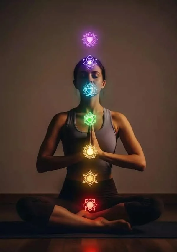 A woman practicing yoga in a seated meditation pose with her hands in a prayer position, in a dark room with seven colorful glowing symbols aligned along her body, representing the chakras.