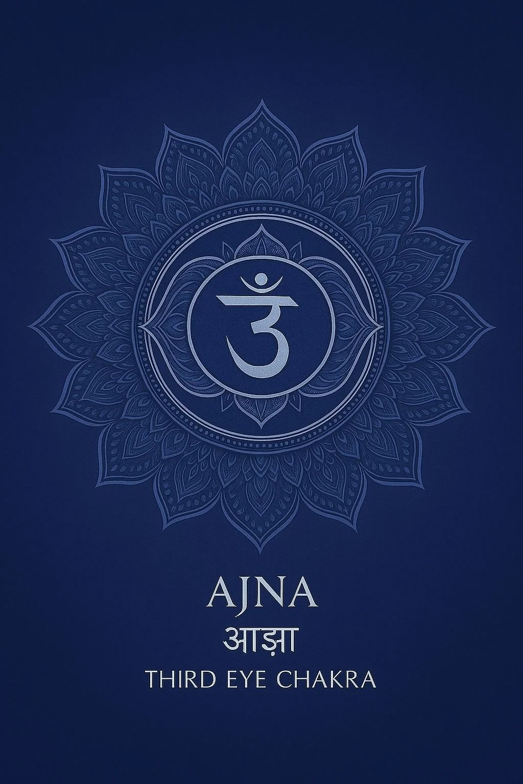 Image of a decorative design with a central symbol representing the third eye chakra, surrounded by intricate floral patterns, with the words "AJNA,"