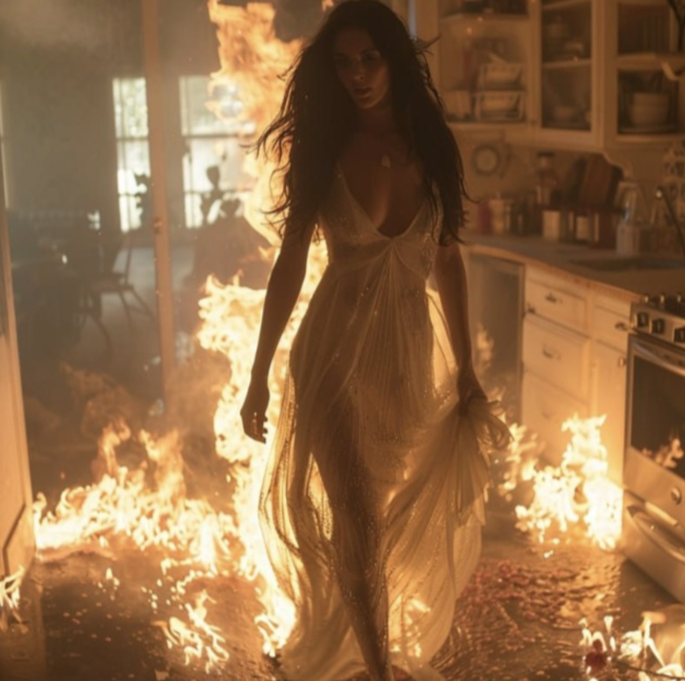Woman in a flowing dress standing in a burning kitchen with flames behind her and on the floor.