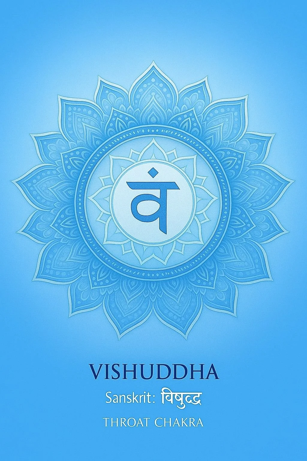 Blue background with a decorative mandala design and a Sanskrit symbol in the center, representing the Vishuddha or Throat Chakra.