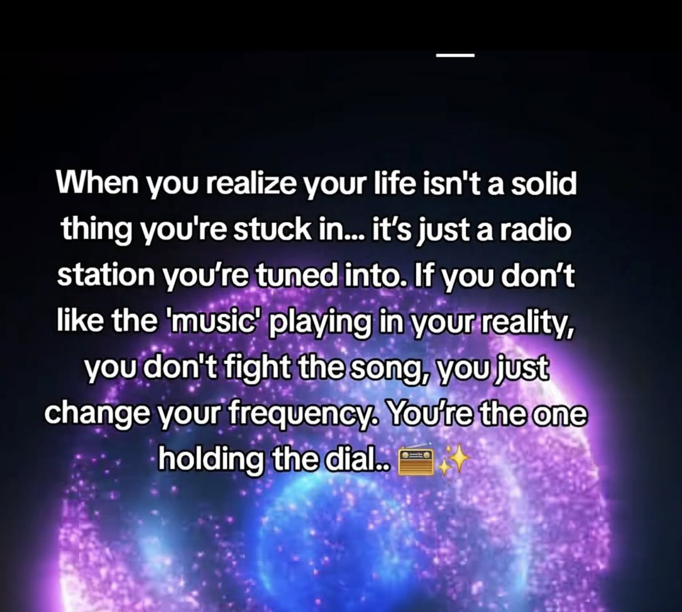 A colorful display of purple and blue lights with a quote about life and music overlayed, humorously comparing life to a radio station you are tuned into.