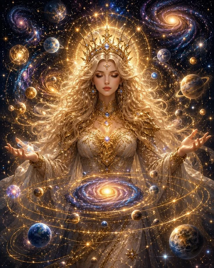 A celestial queen with flowing blonde hair, wearing a golden crown and jewelry, surrounded by galaxies, planets, and stars, in a cosmic scene.