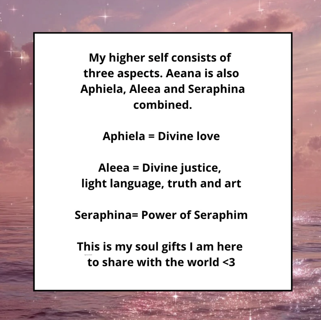 A spiritual quote on a pink and purple sky background with ocean view, describing the aspects of a higher self named Aegna, Aphiela, Aleea, and Seraphina, and their meanings.
