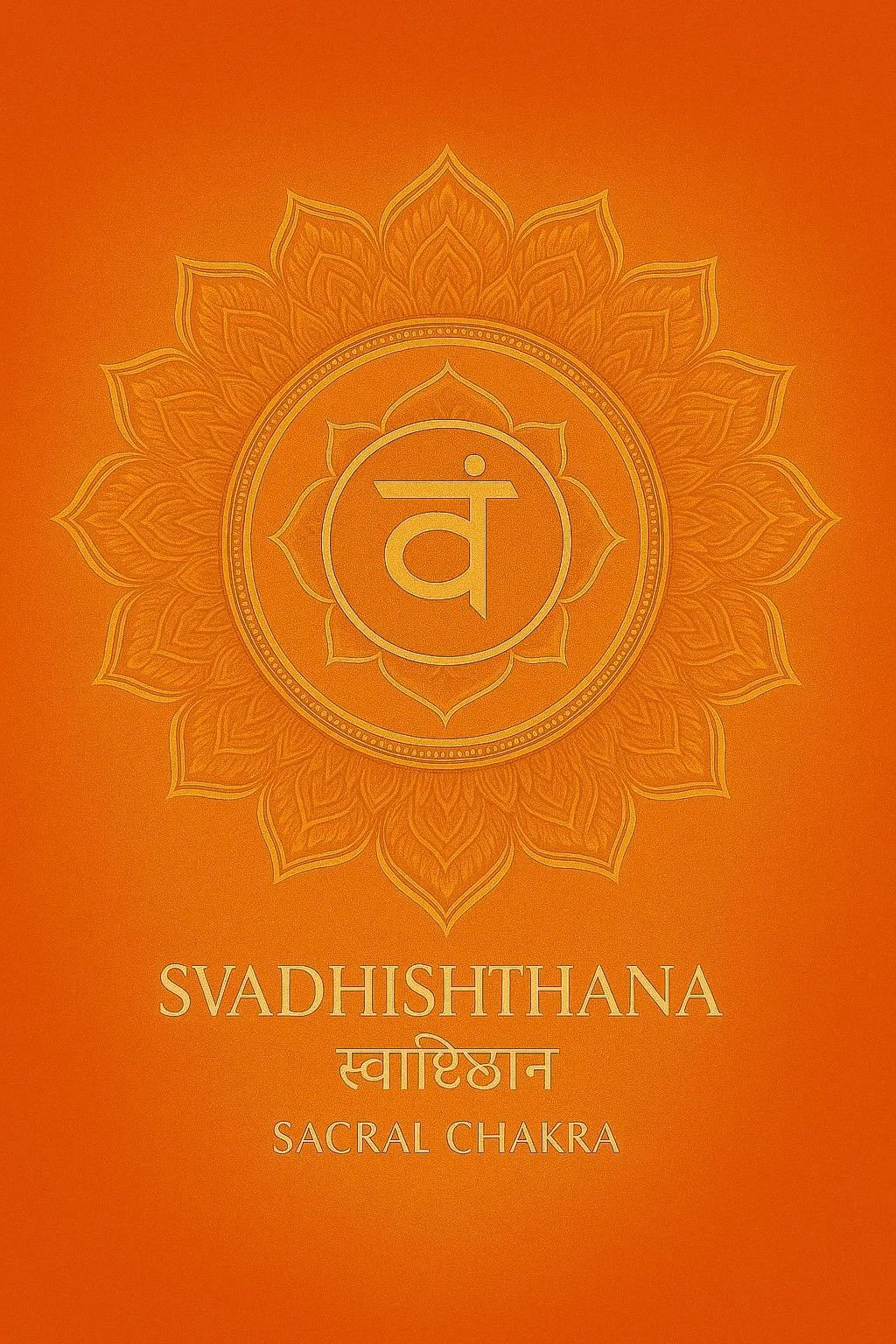 The image features a golden symbol of the sacral chakra, which is a lotus flower with eight petals, on an orange background. In the center is the Sanskrit symbol for Svadhishthana, the sacral chakra, with the words 'SVADHISHTHANA,' 'स्वाधिष्ठान,' and 'SACRAL CHAKRA' written below in Latin script, Devanagari, and English respectively.