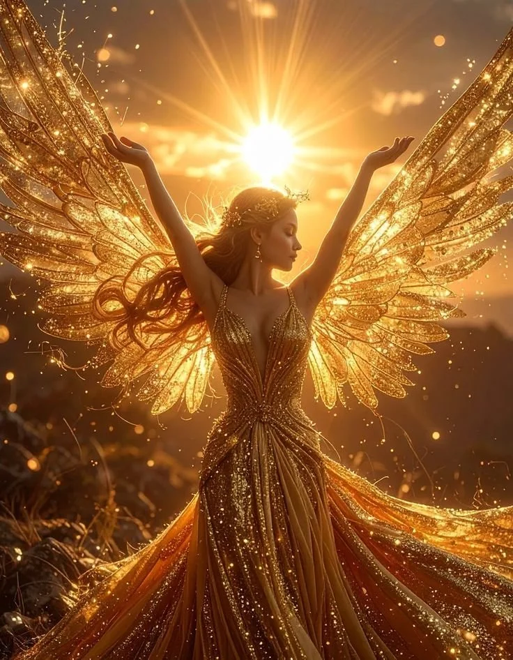 A woman dressed as a fairy or angel with large, shimmering golden wings, standing outdoors at sunset with arms raised and the sun behind her, creating a glowing, magical effect.