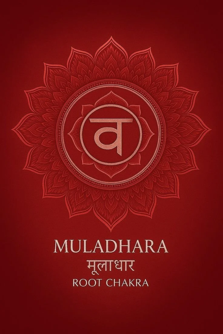 Red background with an intricate lotus flower design, a Hindi symbol inside a circle, and the words "Muladhara", "Root Chakra" in English and Hindi.