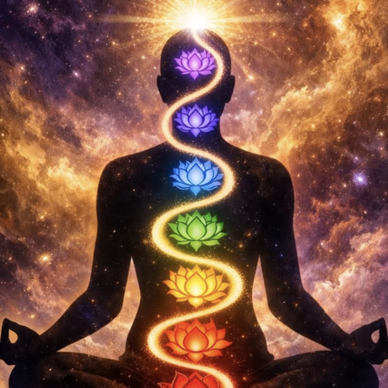 Silhouette of a person meditating with a glowing chakra alignment, featuring seven multicolored lotus symbols along the spine, against a cosmic background with stars and nebulae.