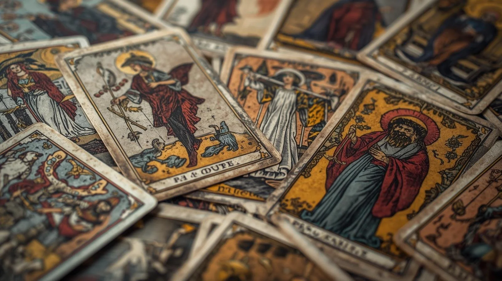 Pile of tarot cards with various illustrated figures and symbols, including a woman with a staff, a winged figure, and a bearded man, in a vintage style.
