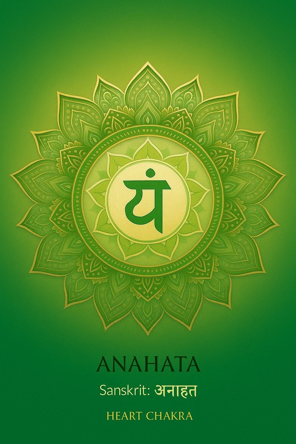 Green background featuring a yellow and green mandala with the Sanskrit symbol for the heart chakra at the center, and text indicating it is the Heart Chakra, titled 'Anahata' with its Sanskrit spelling and description.