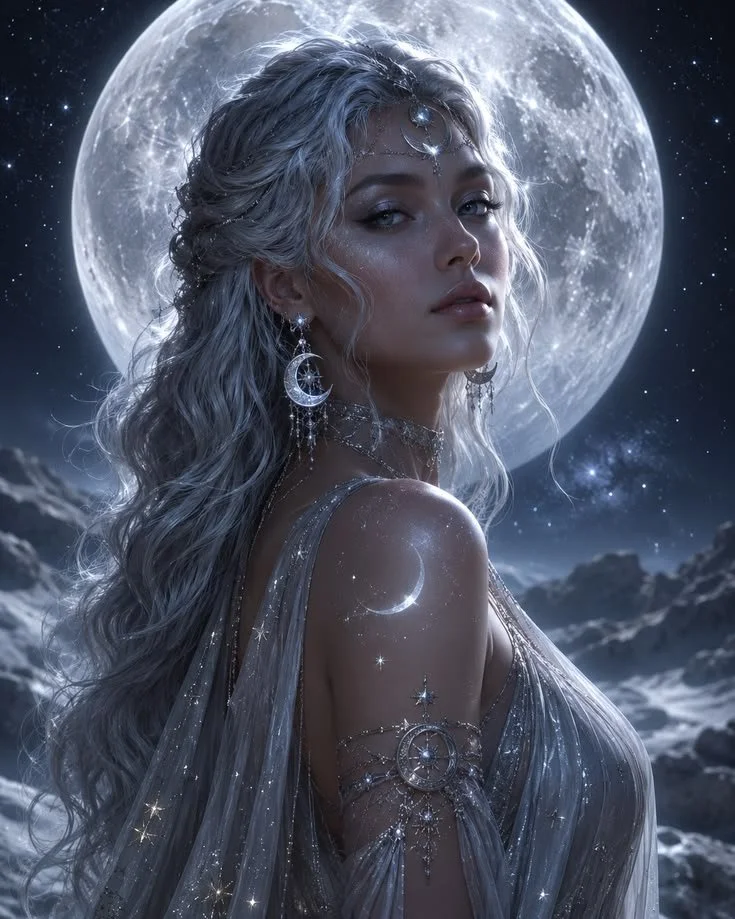 A woman with long, wavy silver hair dressed in a shimmering silver gown stands in front of a large full moon in a starry night sky, with a rocky landscape below.