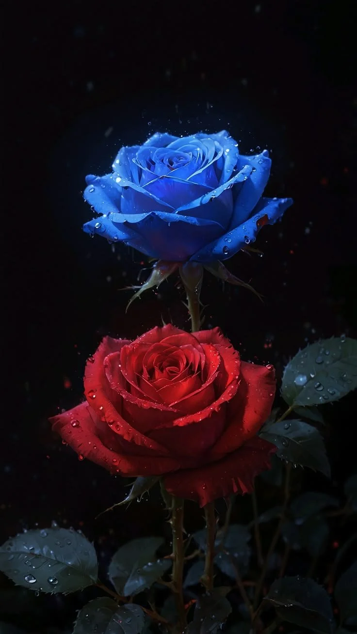A close-up of two roses, one blue and one red, with water droplets on the petals and leaves, set against a dark background.