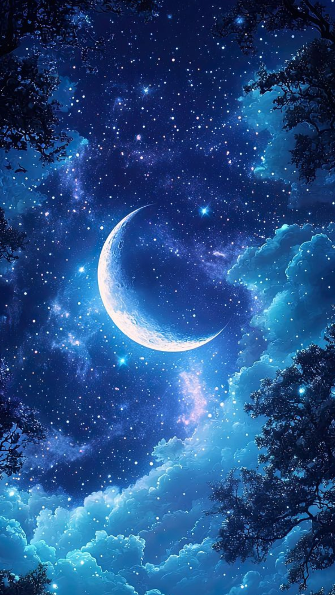 A night sky scene with a crescent moon, numerous stars, and clouds, framed by silhouettes of trees.