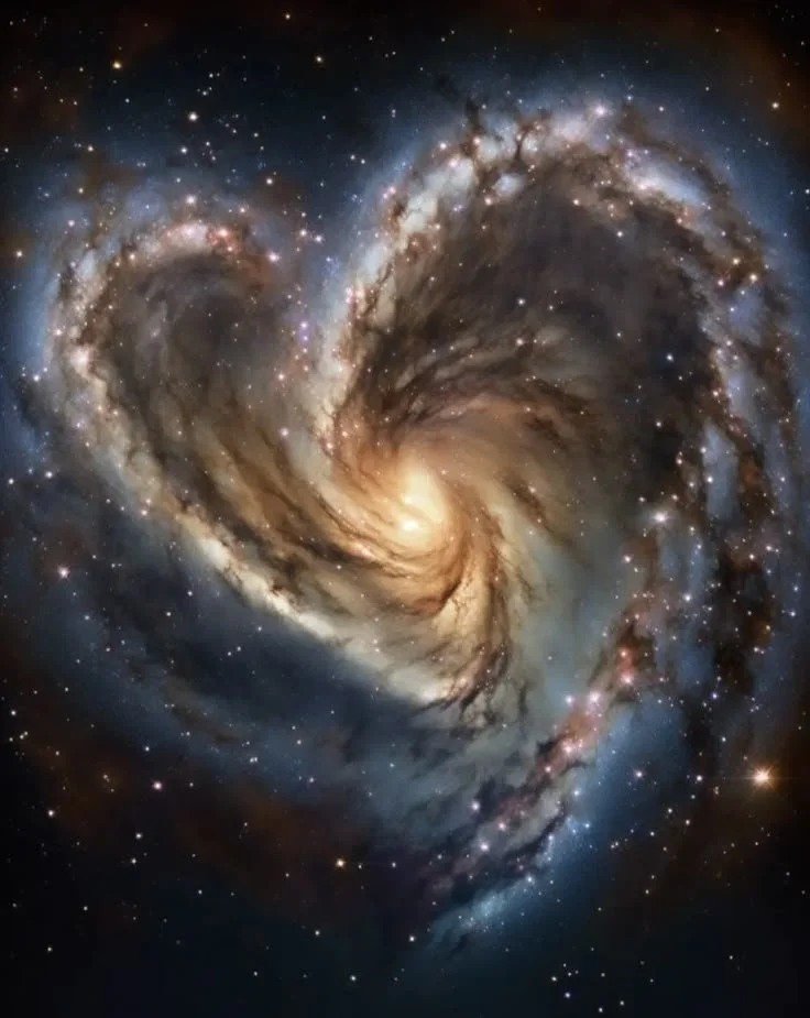 A spiral galaxy with bright core and swirling arms filled with stars, cosmic dust, and gases.