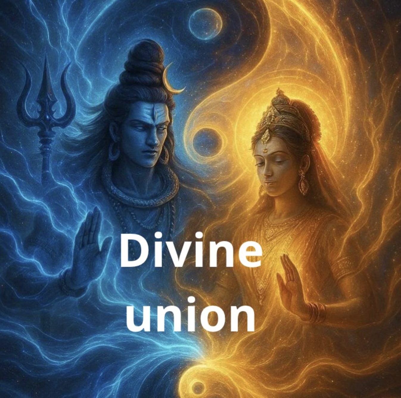 Artwork depicting the divine union between male and female divine figures, with blue and gold energy surrounding them, and the text 'Divine union' overlayed.