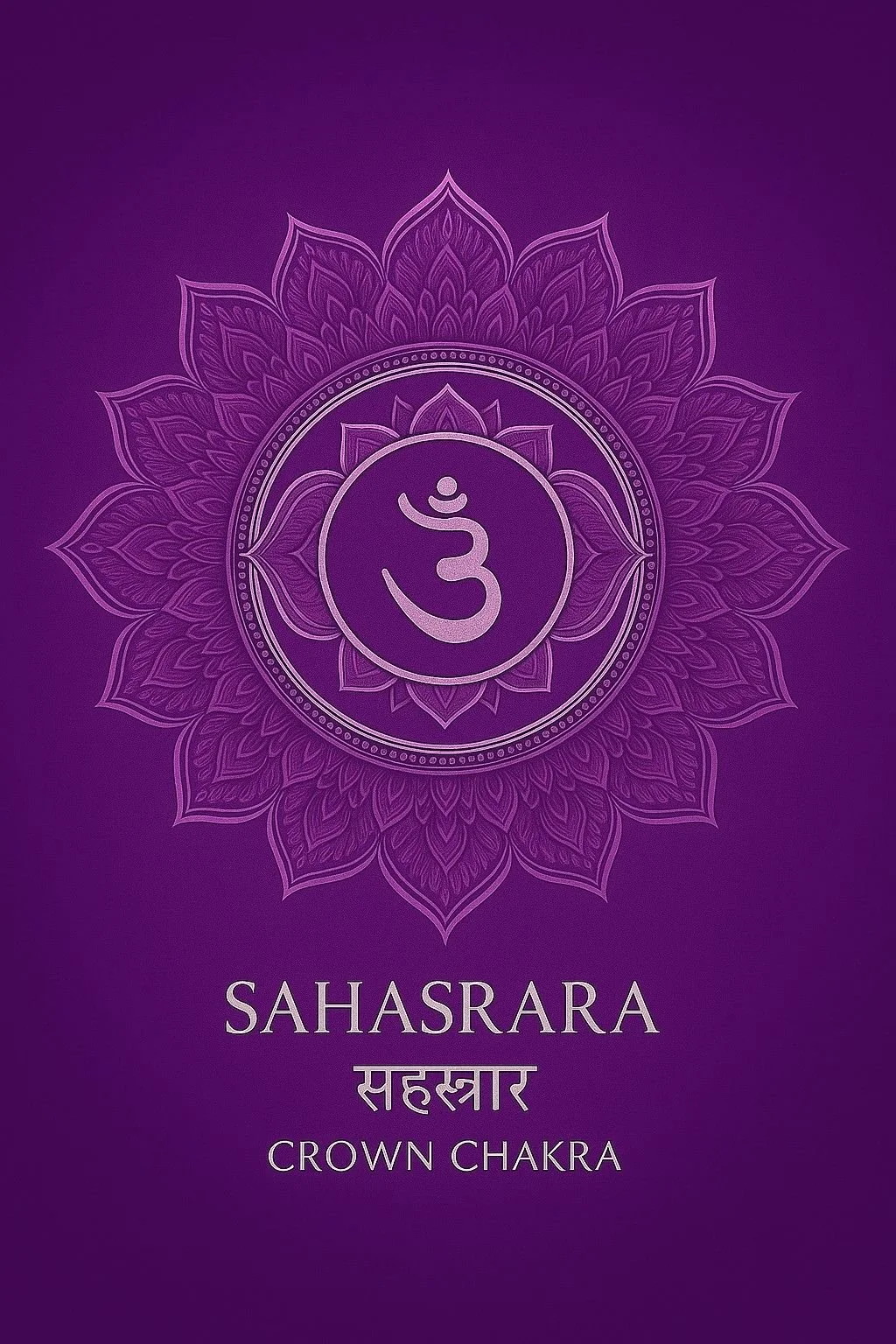 Purple background with a mandala design and the Sahasrara or Crown Chakra symbol in the center. Text labels include 'SAHASRARA', 'सहस्रार', and 'CROWN CHAKRA'.