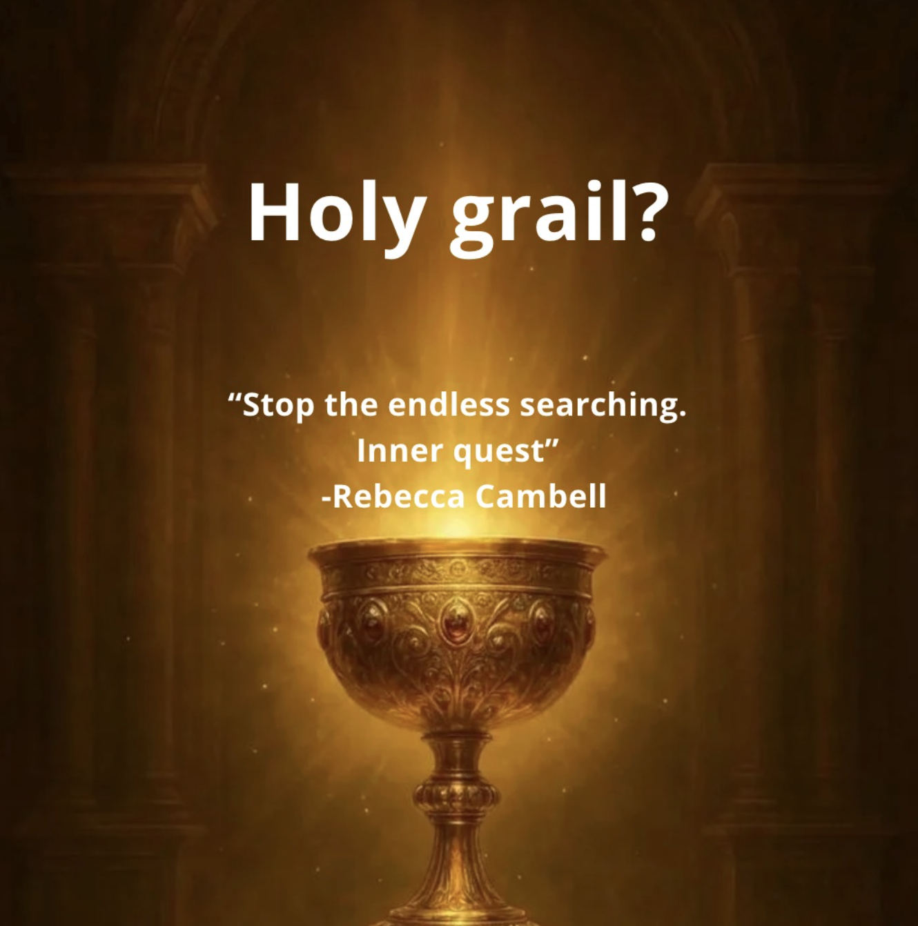 A golden chalice with intricate designs inside illuminated by a radiant golden glow, set against a dark background with large columns.