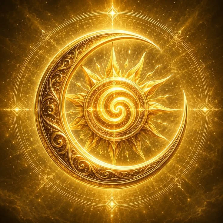 A luminous, golden celestial design featuring a spiral sun at the center surrounded by ornate sun rays, a crescent moon with intricate patterns, and glowing geometric patterns creating a mystical, cosmic aura.