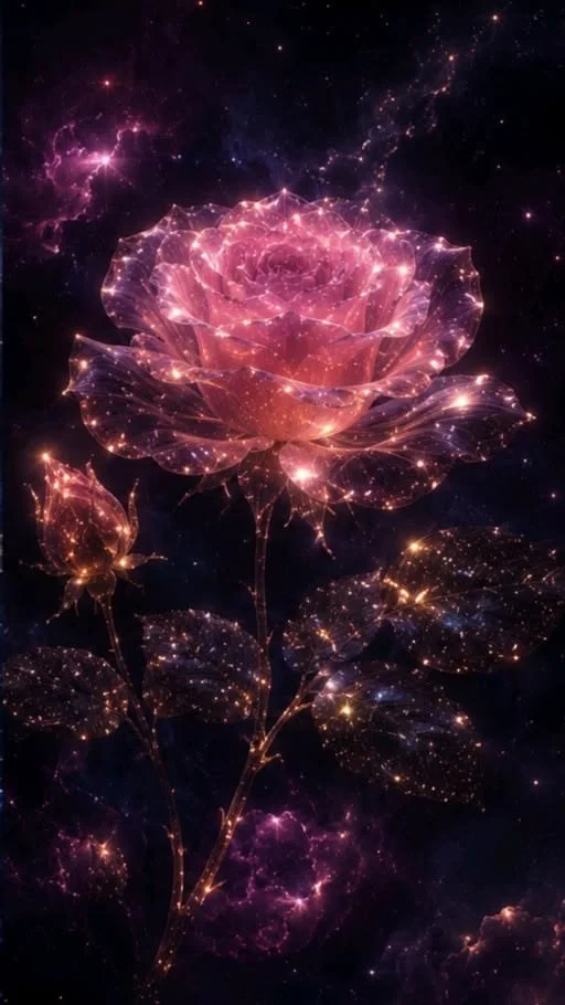 A luminous pink rose with sparkling lights and stars in a cosmic background.