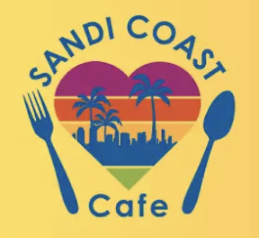 Logo for Sandi Coast Cafe featuring sunset, palm trees, and city skyline with a fork and spoon on either side.