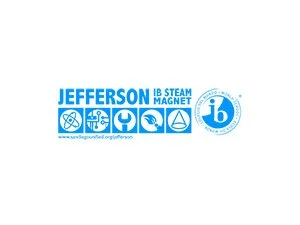 Jefferson LB Steam Magnet logo with blue icons of a fan, boiler, faucet, pulley, sailboat, and gear, and the IB logo