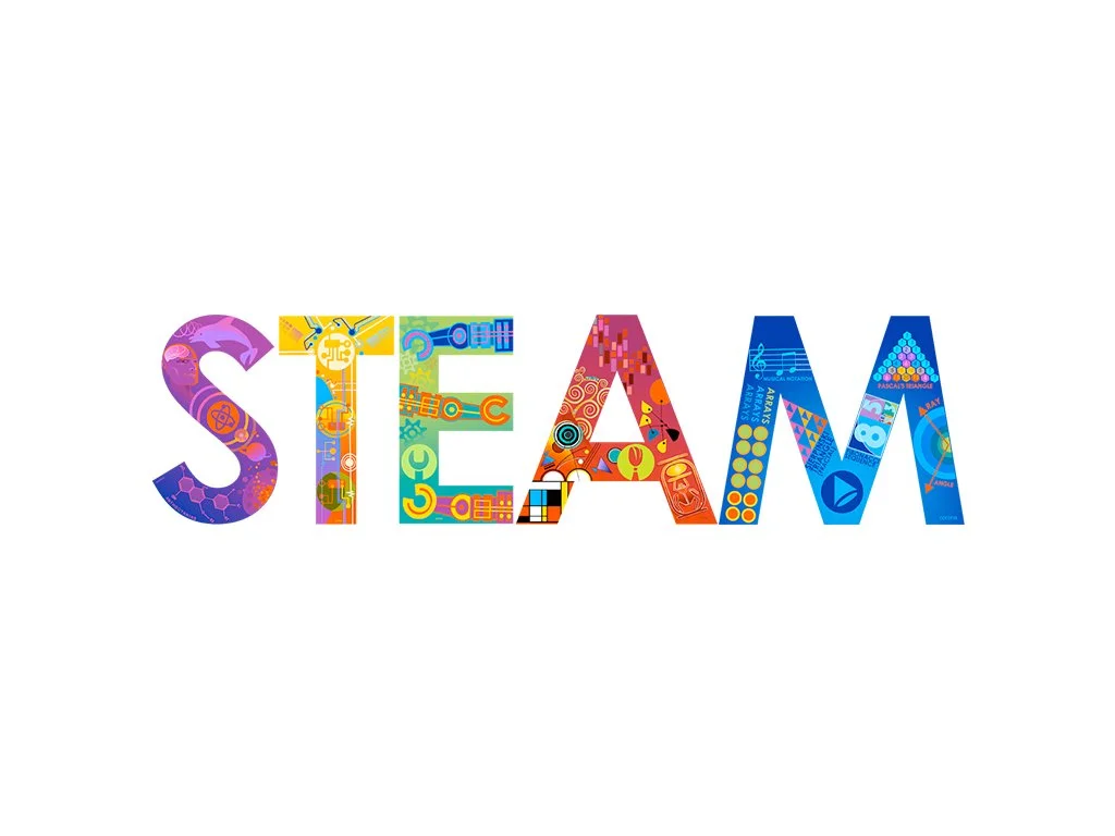 Colorful word 'STEAM' with each letter decorated with icons and symbols related to science, technology, engineering, arts, and math.
