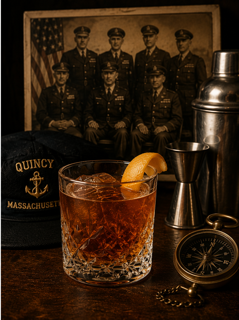 A rolled lemon twist garnish on an Old Fashioned cocktail with ice in a cut-glass glass. A vintage pocket compass, a metallic cocktail shaker, a metal cocktail jigger, a navy cap with 'Quincy Massachusetts' embroidered on it, and a sepia-toned photograph of seven military men in uniform are arranged on a wooden surface.