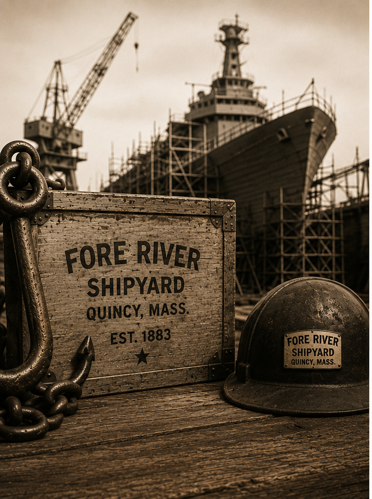 A shipyard scene with a large ship on scaffolding, a wooden toolbox, a safety helmet, and heavy chains in the foreground, at Fore River Shipyard in Quincy, Massachusetts.