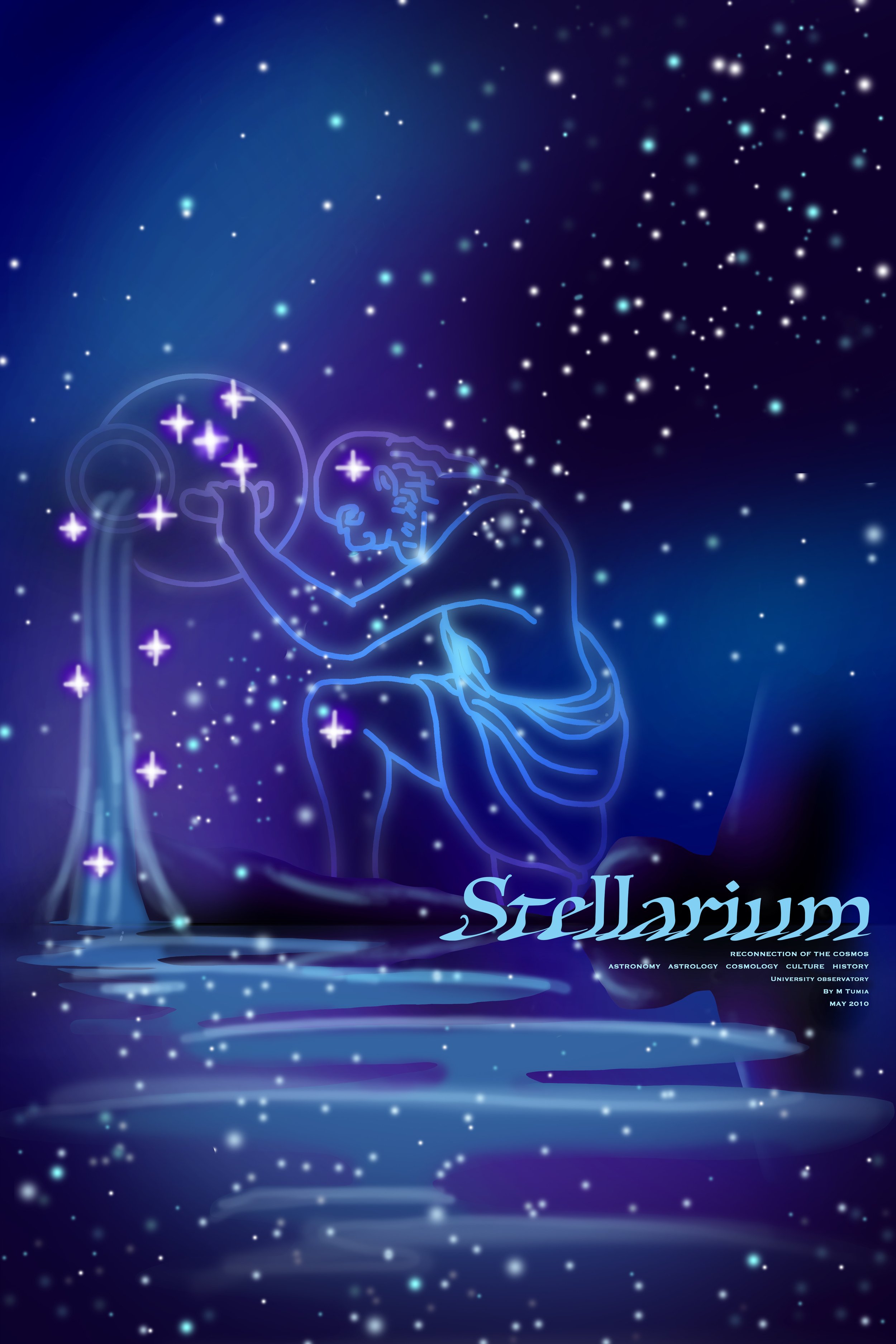 A neon-style illustration of a person kneeling by a body of water under a starry night sky, with a celestial theme and the word 'Stellarium' in the bottom right corner.