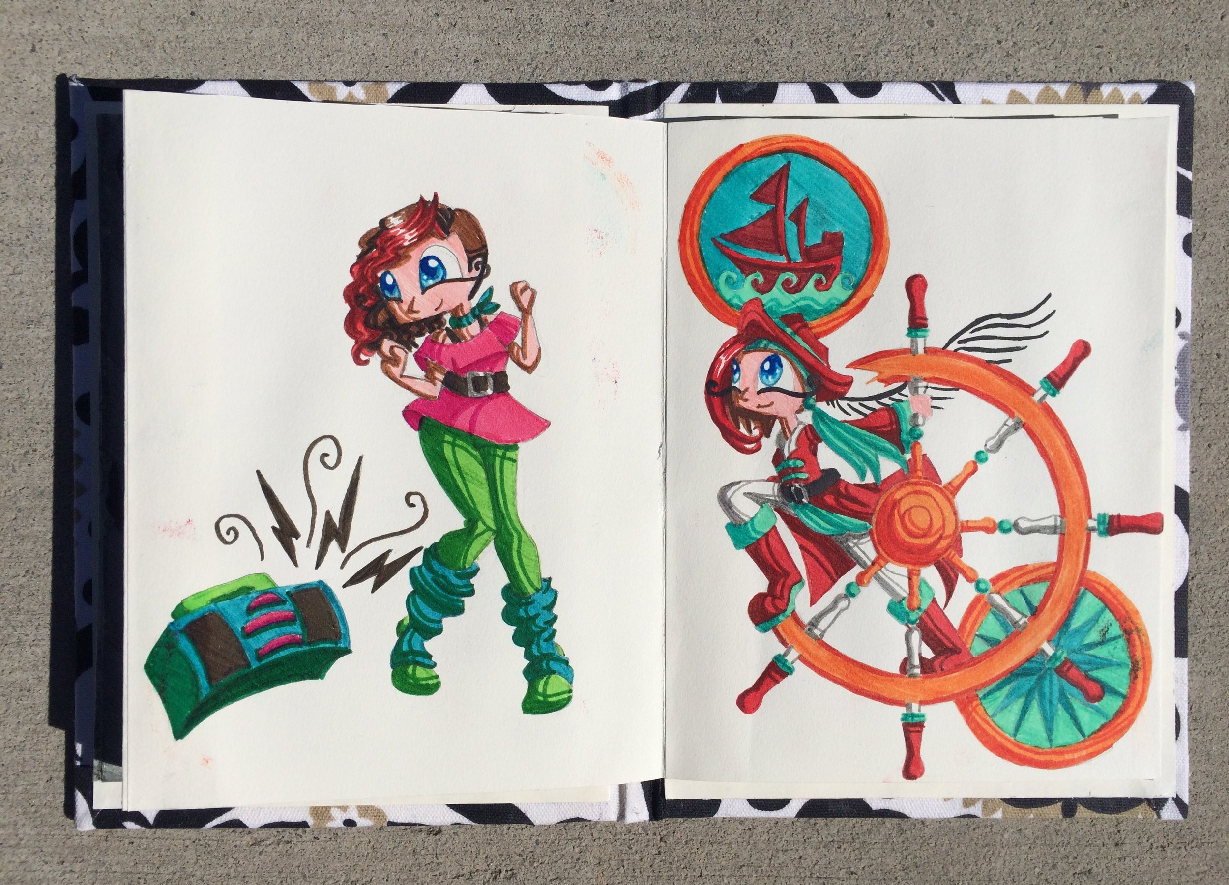 Colorful hand-drawn illustration of a girl with red hair, wearing glasses, a pink shirt, and green pants, standing next to a pirate ship. The drawing includes a treasure chest, a ship's wheel, and a round window with a sailing ship inside.