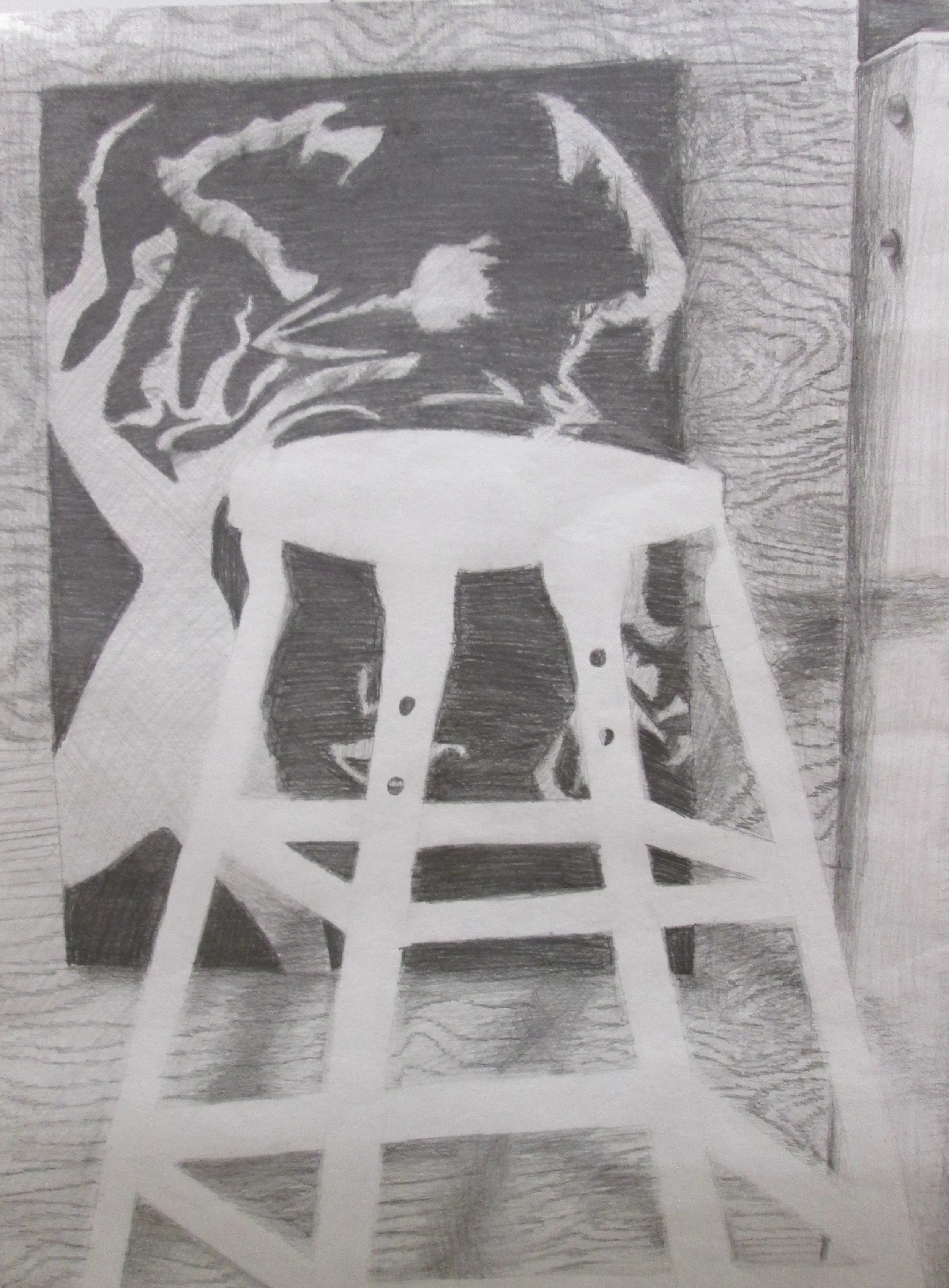 A black and white pencil sketch of an interior room with a table, chairs, a window, and a bookshelf, viewed from outside through an open doorway.