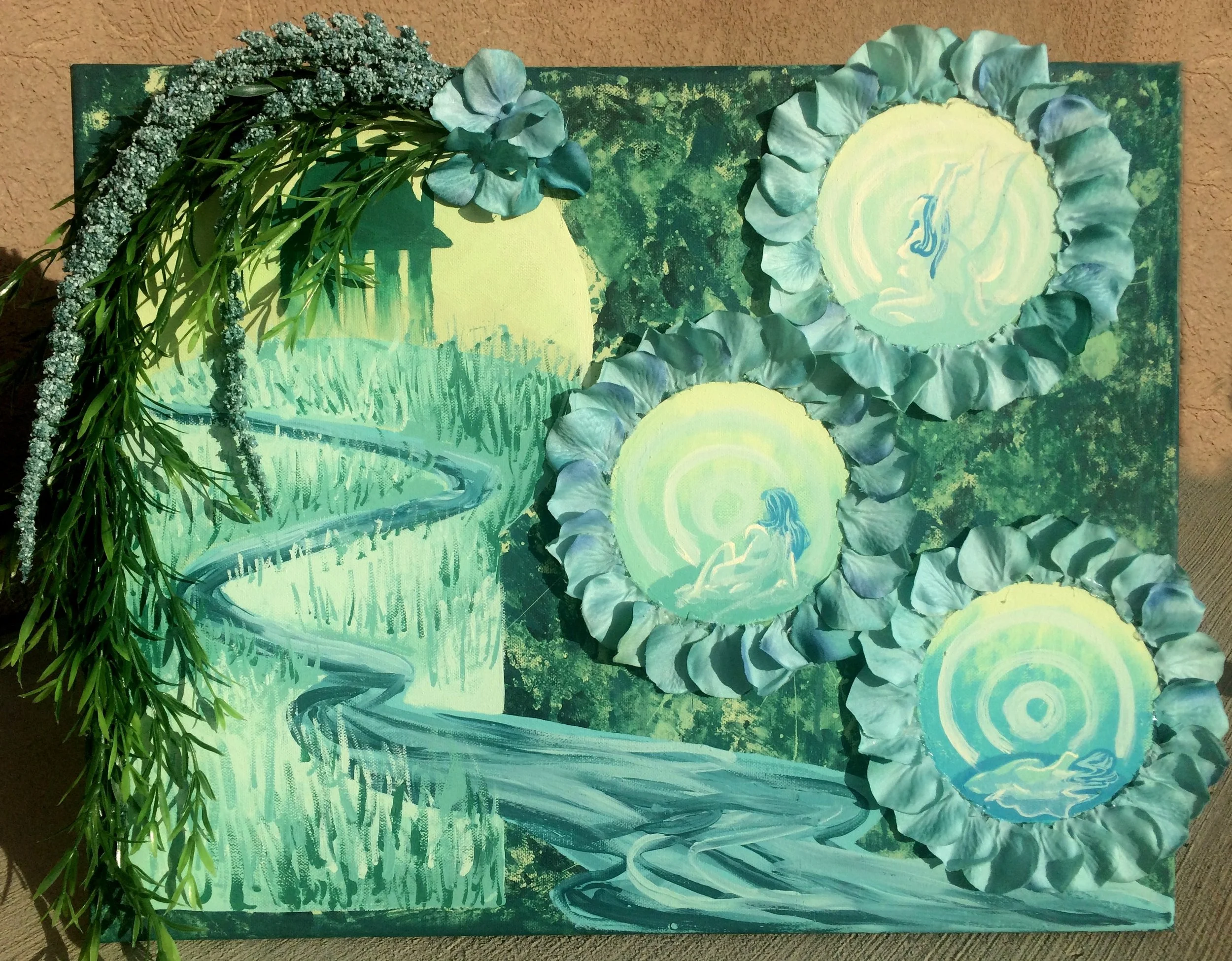 Painting of two yellow lotus flowers with green and blue lily pads and a green background, decorated with green foliage and flowers.