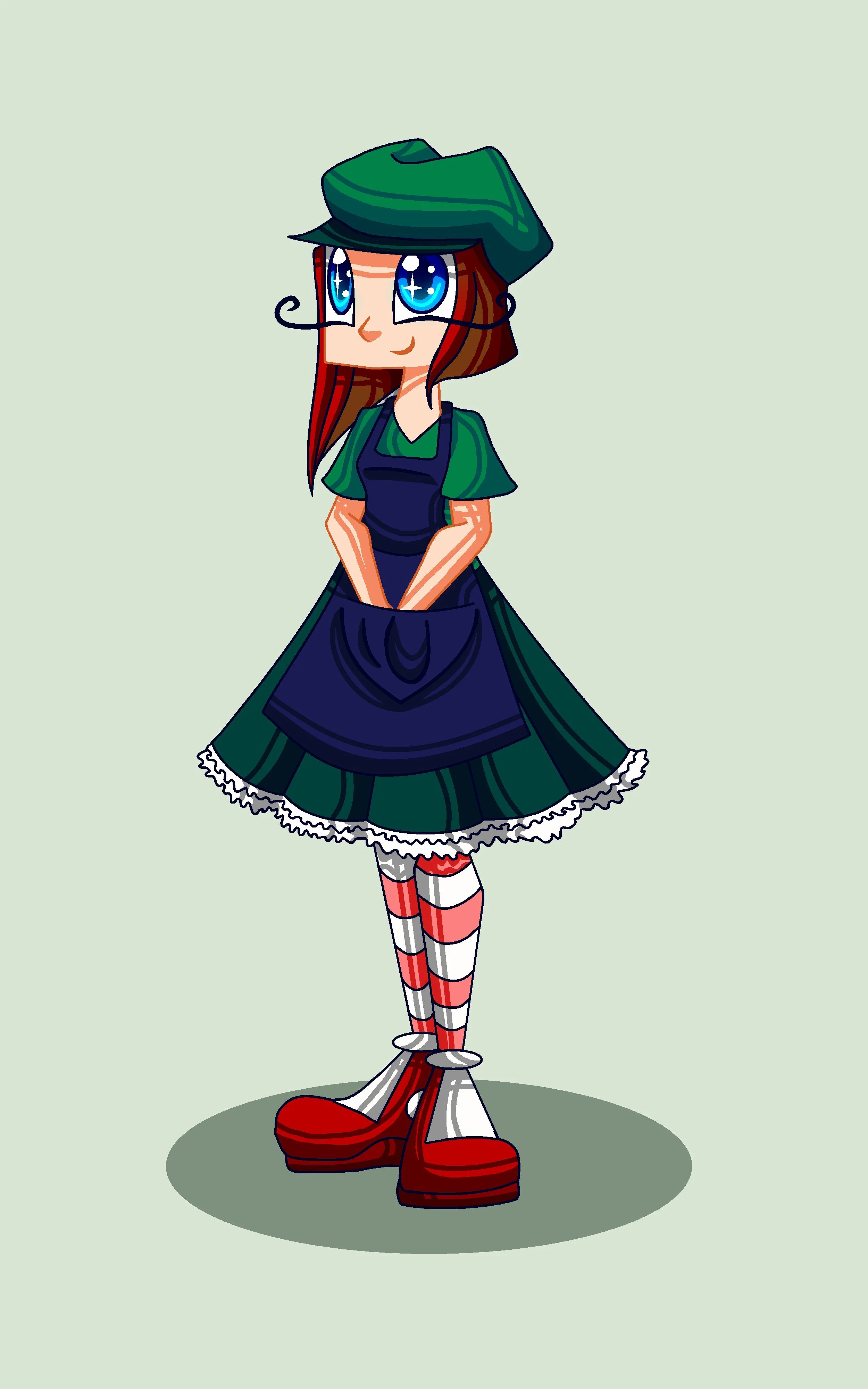A cartoon girl with big blue sparkling eyes, red hair, and fairy-like antennae, dressed in a dark blue dress with a green top, red and white striped stockings, large red shoes, and a green hat, standing on a light green background.