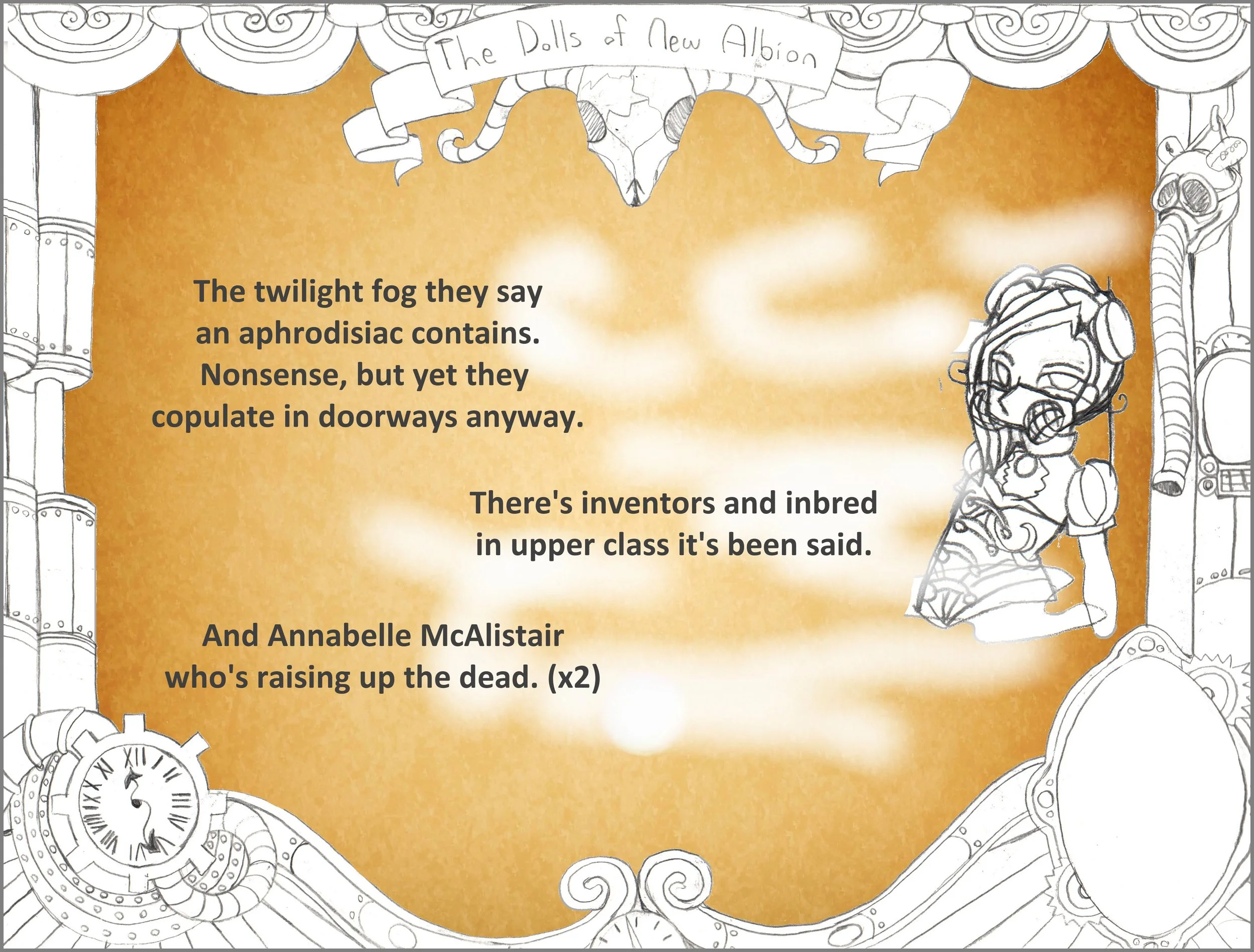A comic-style illustration with hand-drawn elements of a stage with a banner labeled 'The Dolls of New Albion', surrounded by gears, clock faces, and pipes. The background features a gradient of orange to yellow, with some highlighted light spots.