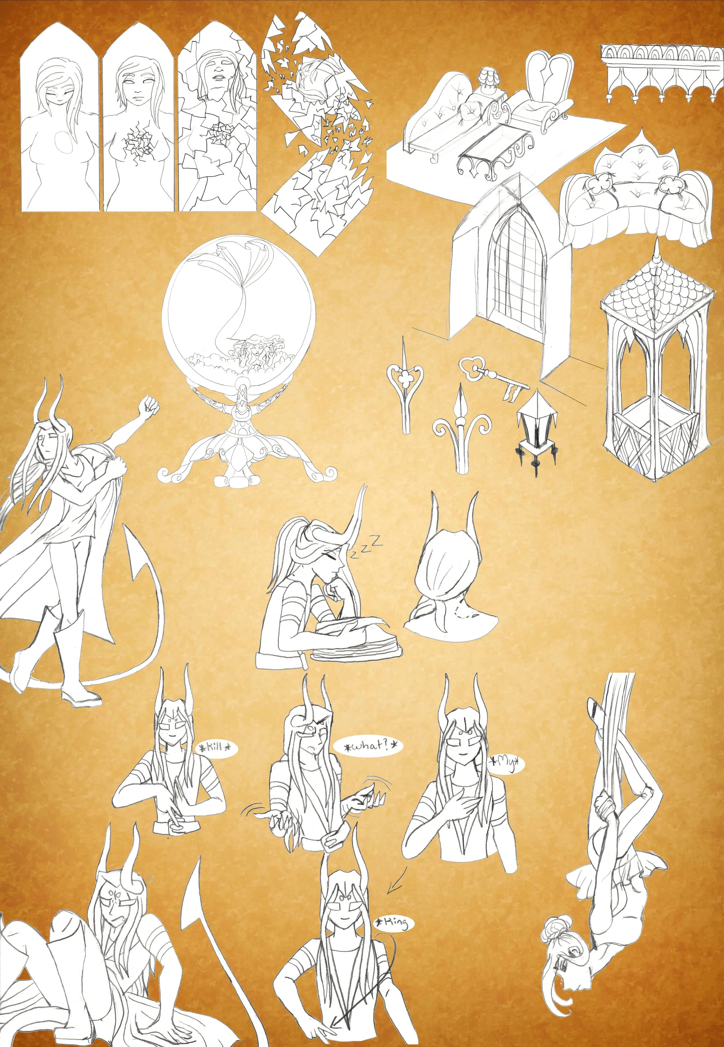 Sketches of fantasy characters such as women with horns, a woman with glasses, a woman with long hair, mythical creatures with horns, detailed furniture, lamps, keys, and architectural elements on a brown background.